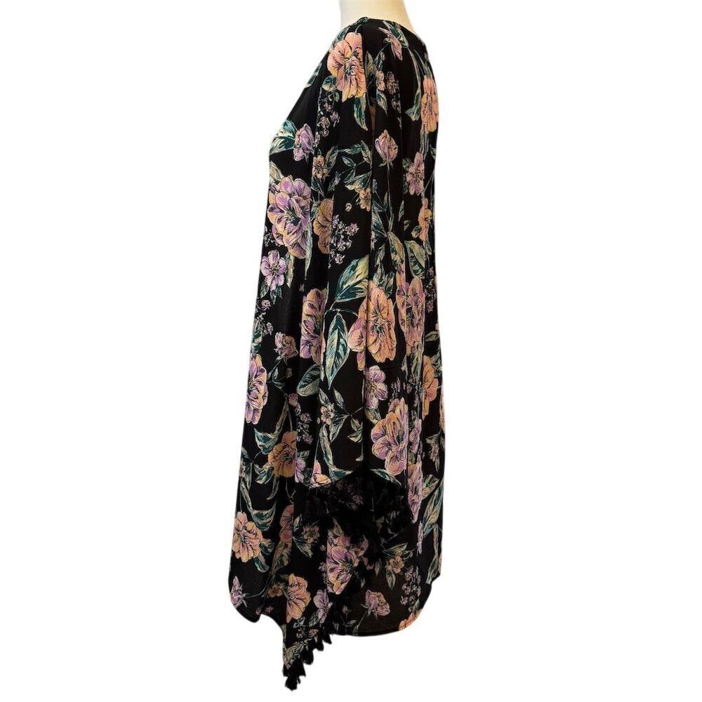 Freshwater Black Floral Kimono Duster Tassel Cover Up Size 2X Boho - Picture 7 of 10
